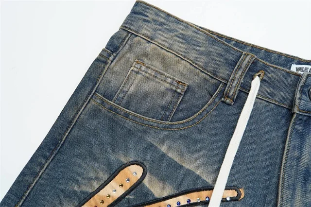 Vale Valley Forever Shorts Washed Denim Drawstring with Rhinestone Logo Embroidery product detail image 16