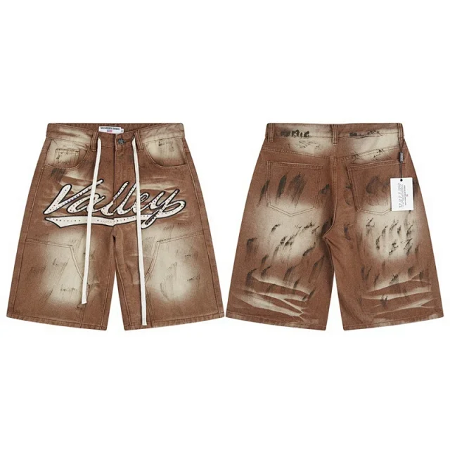Vale Valley Forever Shorts Washed Denim Drawstring with Rhinestone Logo Embroidery product detail image 24