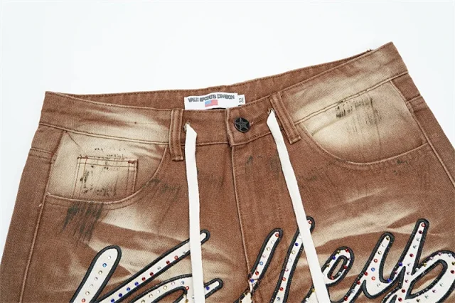 Vale Valley Forever Shorts Washed Denim Drawstring with Rhinestone Logo Embroidery product detail image 25