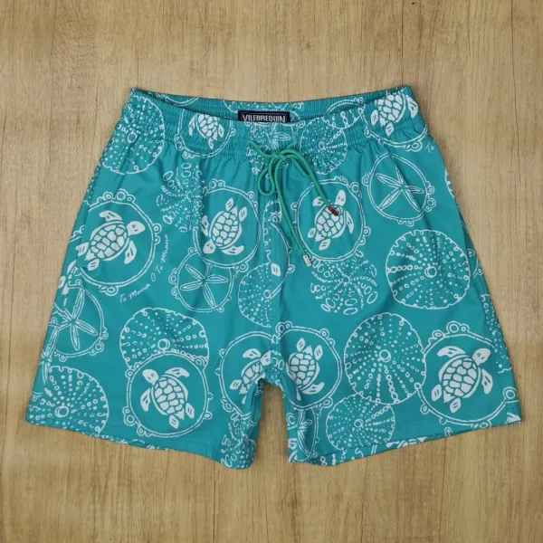 Design Denim Print Drawstring Shorts Blue - 28