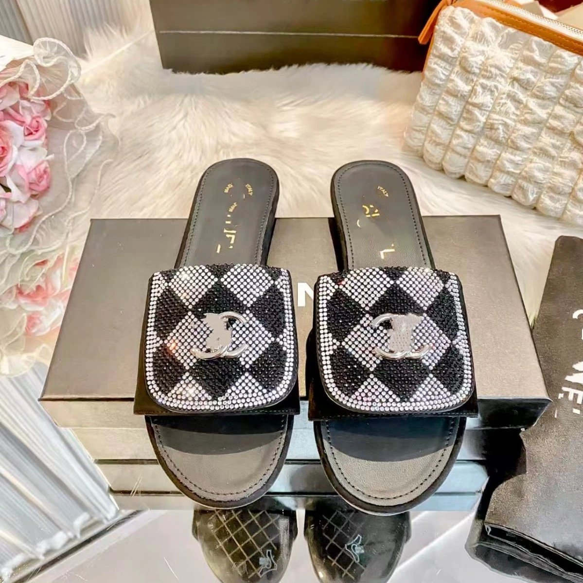 Chanel Slippers Rhinestone Plaid Double-C Logo Slide image 2