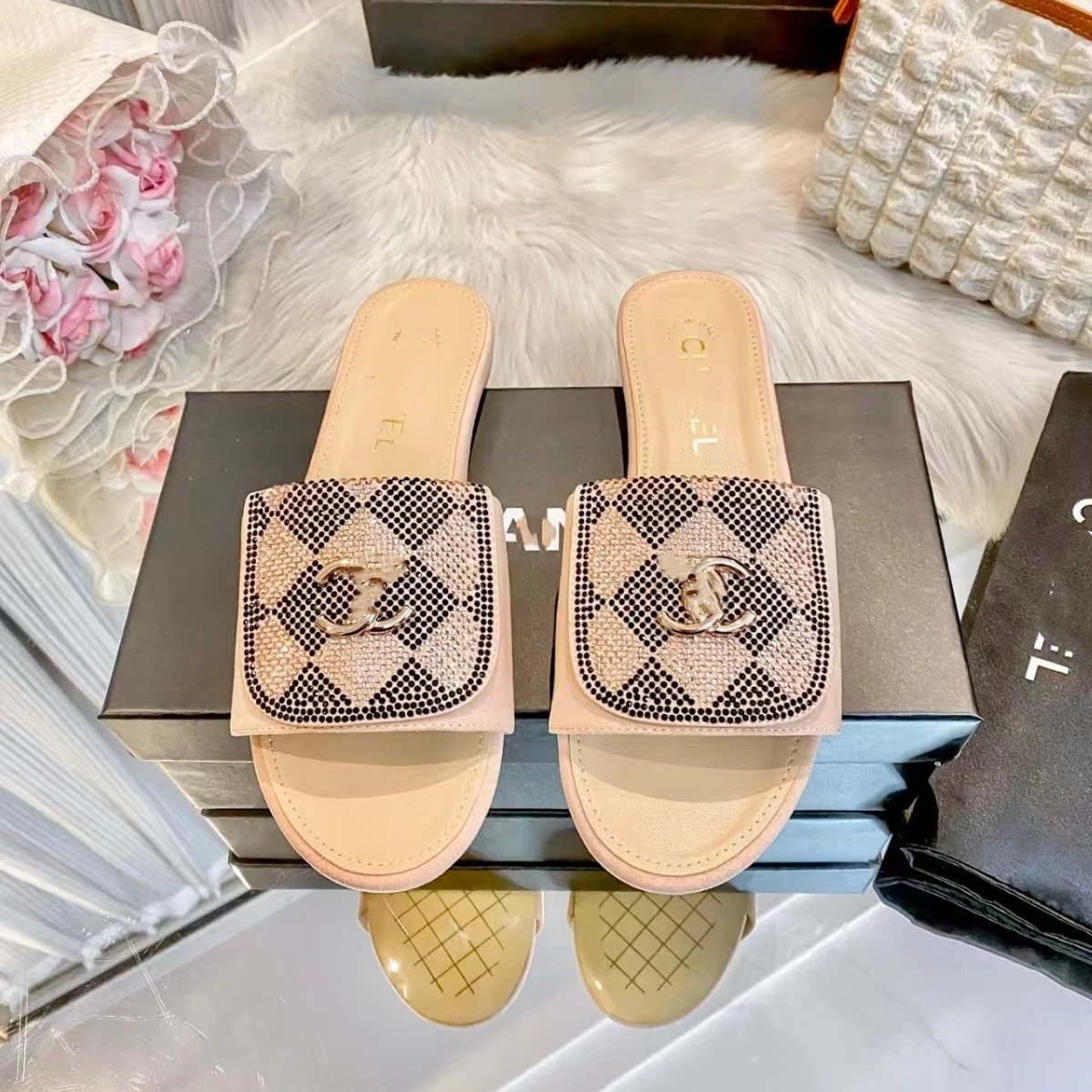 Chanel Slippers Rhinestone Plaid Double-C Logo Slide image 4