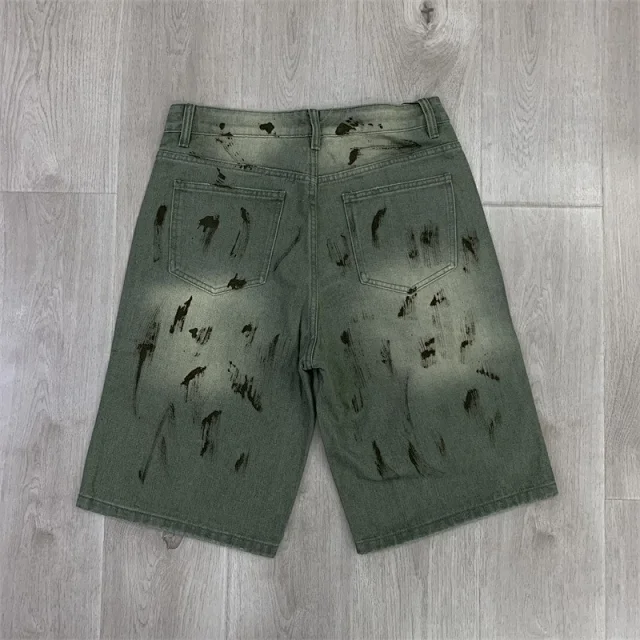 Vale Valley Forever Shorts Washed Denim Drawstring with Rhinestone Logo Embroidery product detail image 6