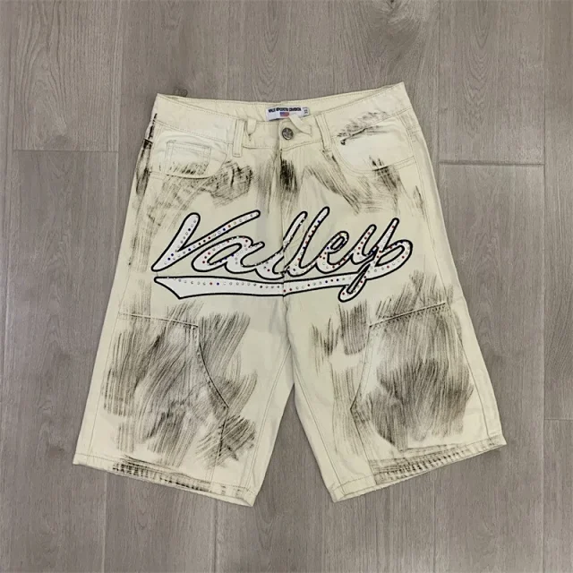 Vale Valley Forever Shorts Washed Denim Drawstring with Rhinestone Logo Embroidery product detail image 7
