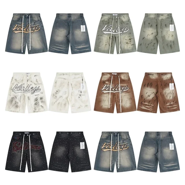 Vale Valley Forever Shorts Washed Denim Drawstring with Rhinestone Logo Embroidery product detail image 1