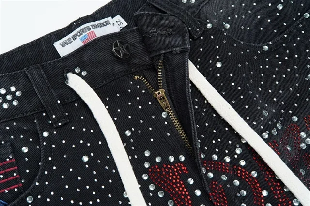 Vale Valley Forever Shorts Washed Denim Drawstring with Rhinestone Logo Embroidery product detail image 37