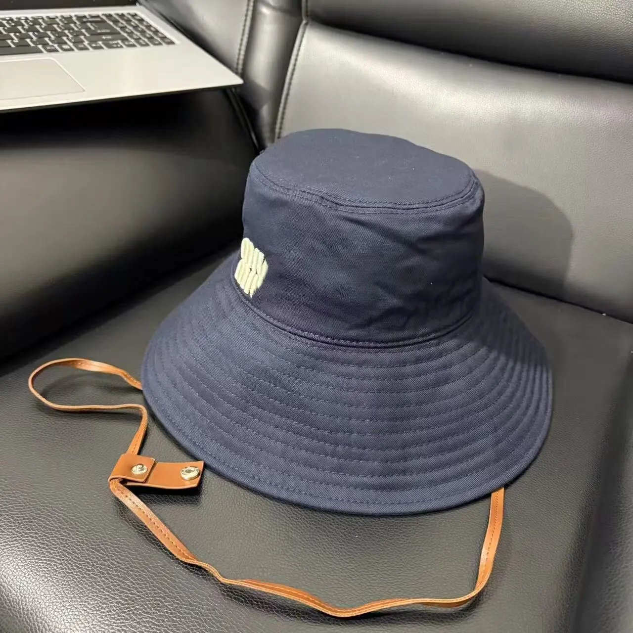 Design Beige Bucket Hat with Leather Strap and White Logo Patch Bucket Hat - 12