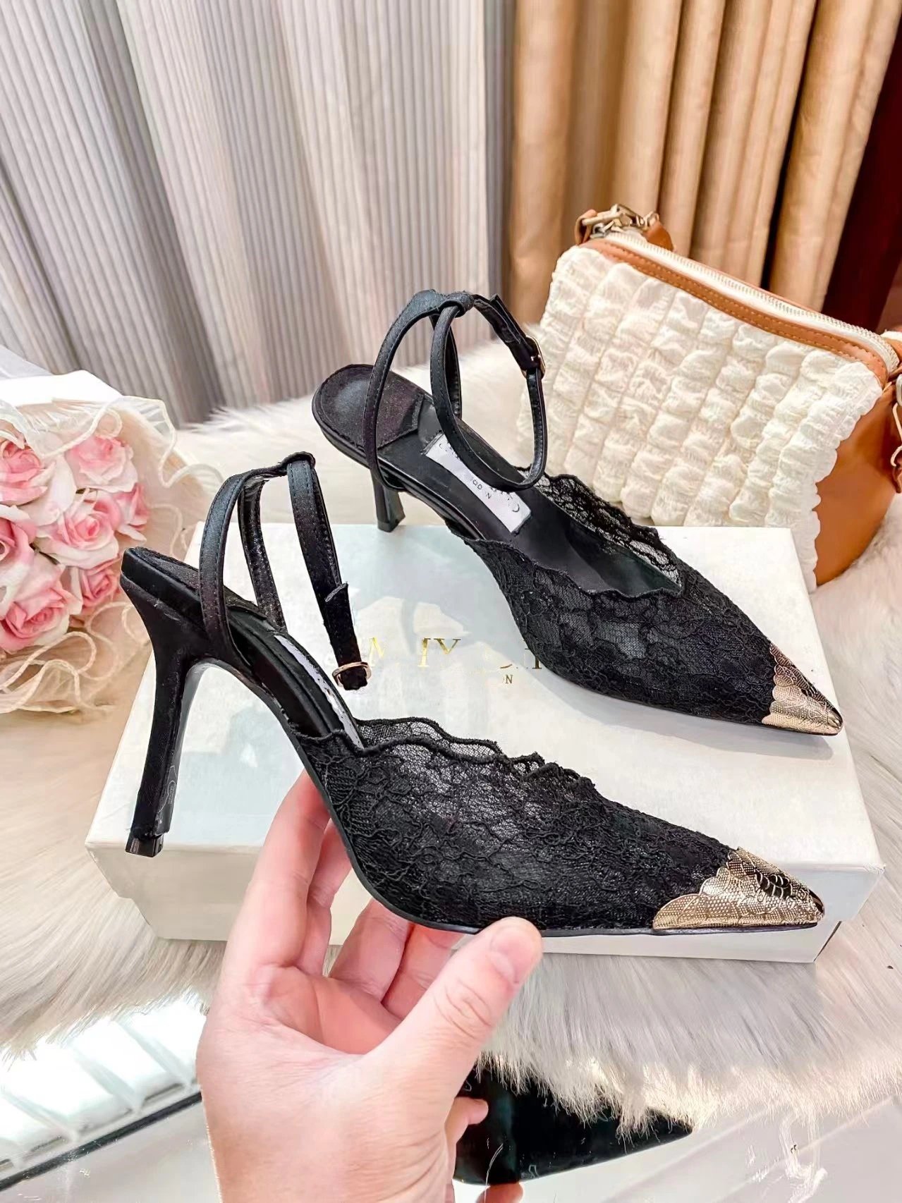 Design Lace Slingback Stiletto Heels Black with Gold Toe Cap - 3