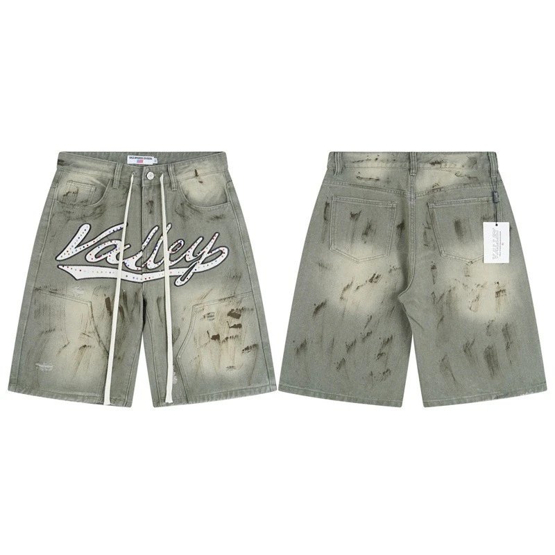 Vale Valley Forever Shorts Washed Denim Drawstring with Rhinestone Logo Embroidery — v806 Green