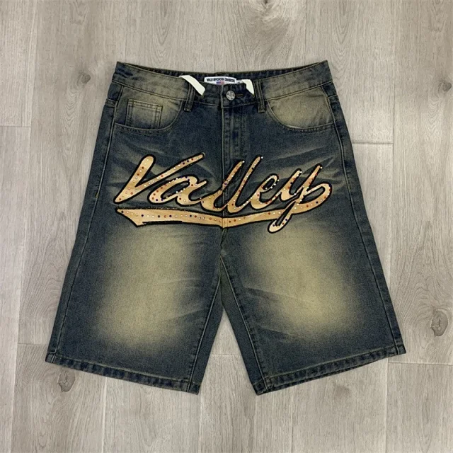 Vale Valley Forever Shorts Washed Denim Drawstring with Rhinestone Logo Embroidery product detail image 3