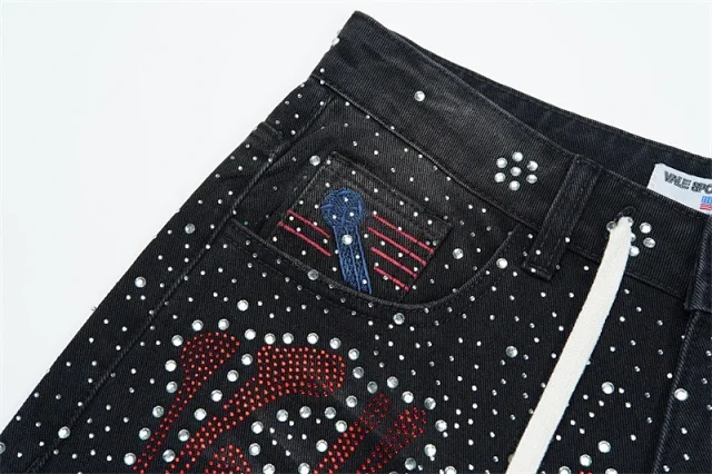 Vale Valley Forever Shorts Washed Denim Drawstring with Rhinestone Logo Embroidery product detail image 35