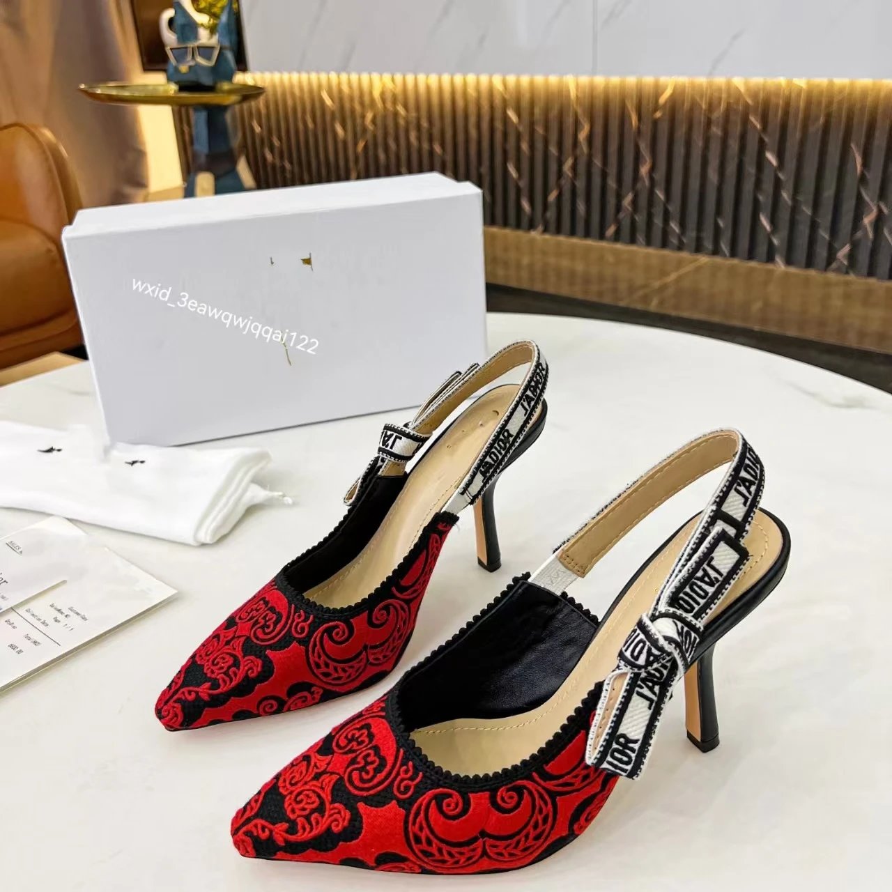 Dior J'Adior Slingback Heels Red Black Embroidered Brocade - 1