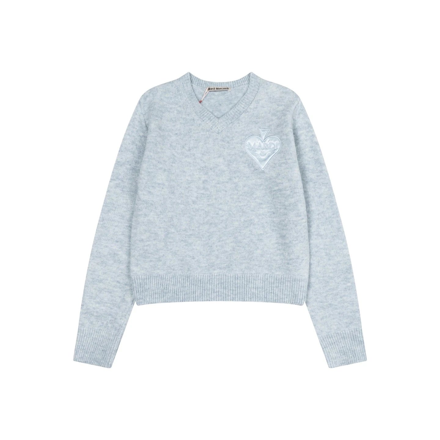 Mardi Mercredi Heart Embroidered V-Neck Sweater Gray - 12