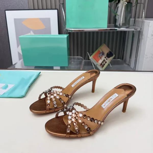 JIMMY CHOO Crystal-Embellished Gold Metallic Mule Heels - 1