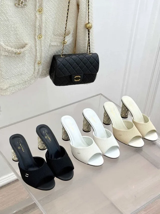 Unbranded High Heels Ribbed Open-Toe Rhinestone Heel Mules product detail image 1