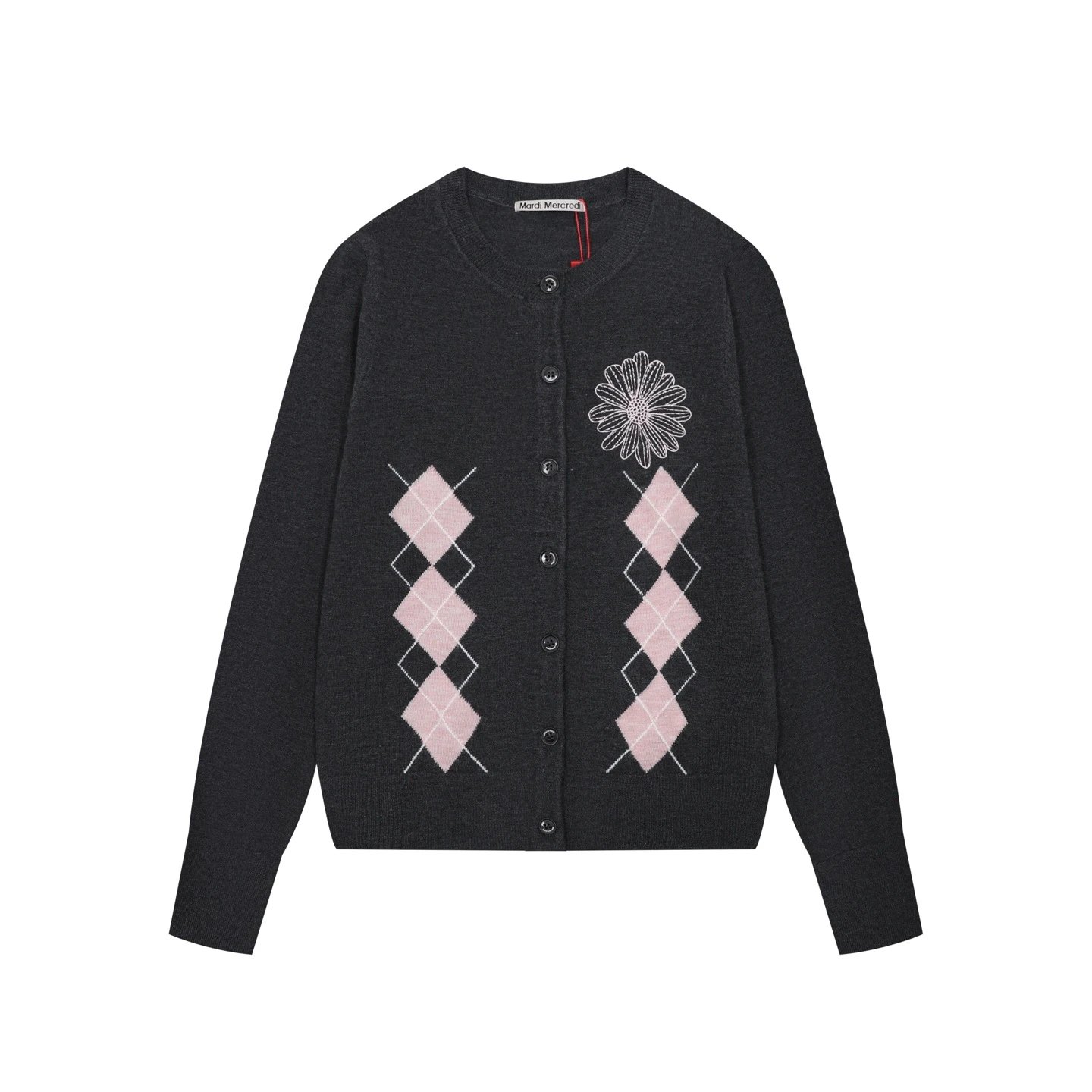 Mardi Mercredi Argyle Flower Embroidery Brown Cardigan - 4