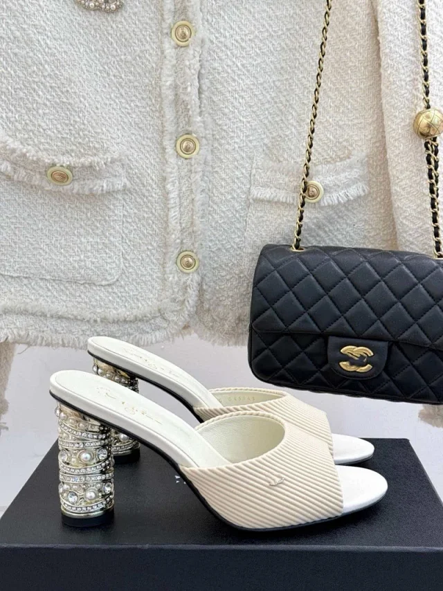 Unbranded High Heels Ribbed Open-Toe Rhinestone Heel Mules product detail image 6