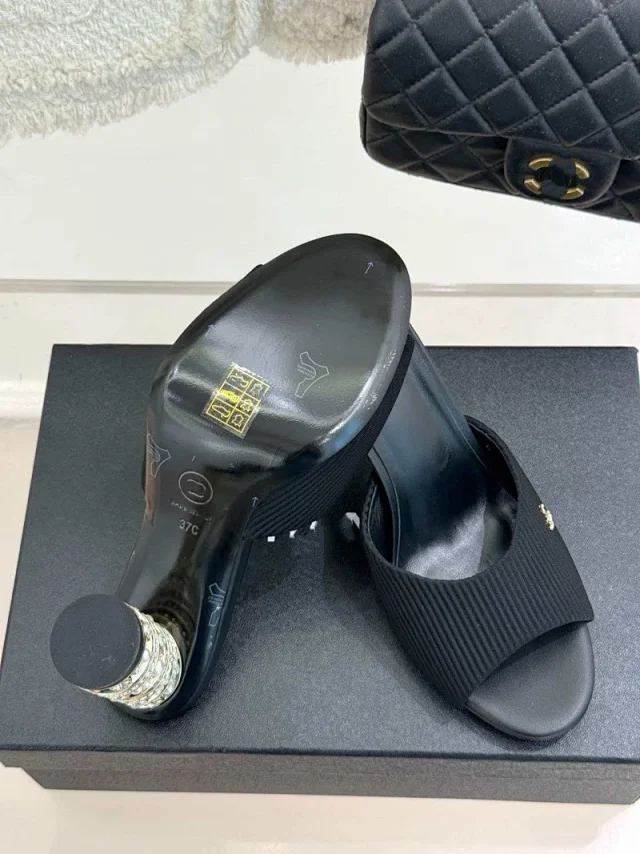 Unbranded High Heels Ribbed Open-Toe Rhinestone Heel Mules product detail image 7