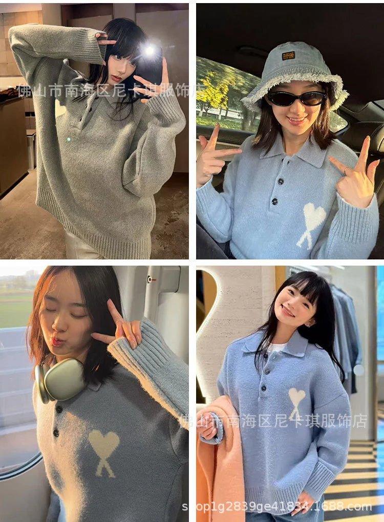 Ami Paris Heart Logo Knit Polo Yellow Sweater - 6