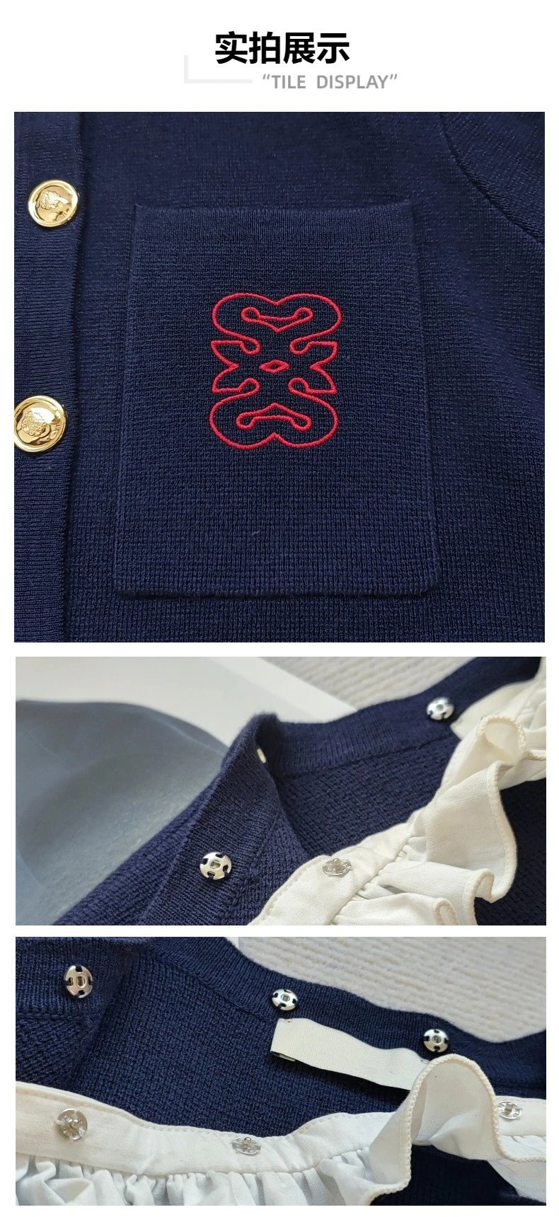 Loewe Anagram Embroidered Navy Cardigan with Ruffled Collar - 8