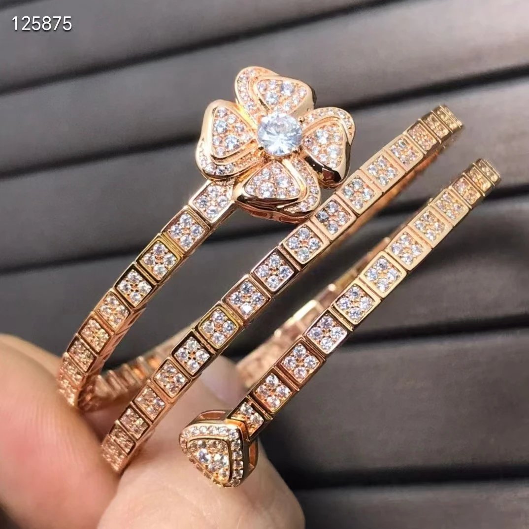 Design Floral Diamond-Encrusted Bangle Set Silver Jewelry - 2