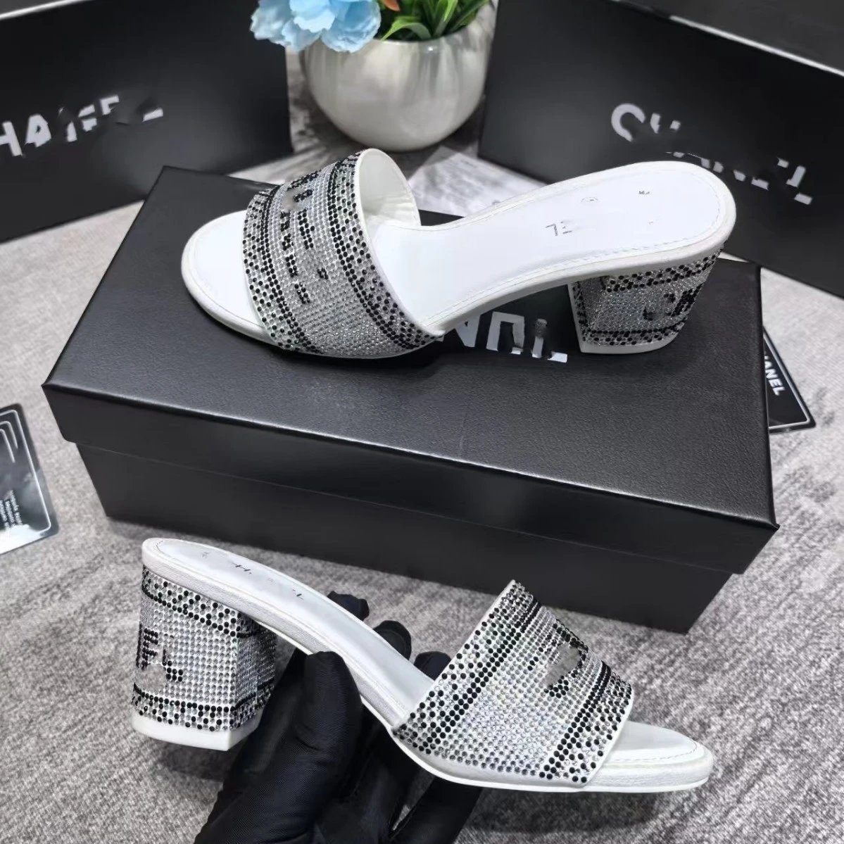 Chanel Crystal-Embellished Logo Mule Black Sandals - 3