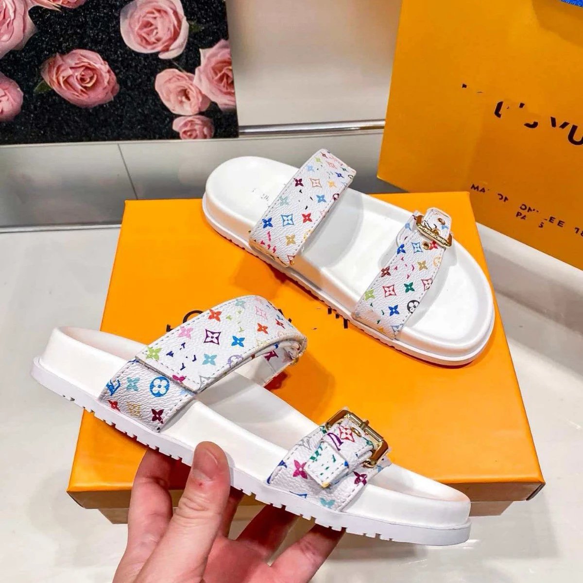 Louis Vuitton Sandals Two-Strap Multicolor Monogram Buckle Slides image 4
