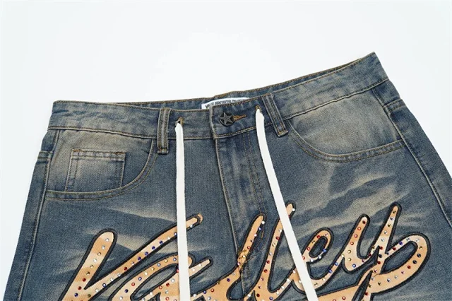 Vale Valley Forever Shorts Washed Denim Drawstring with Rhinestone Logo Embroidery product detail image 14