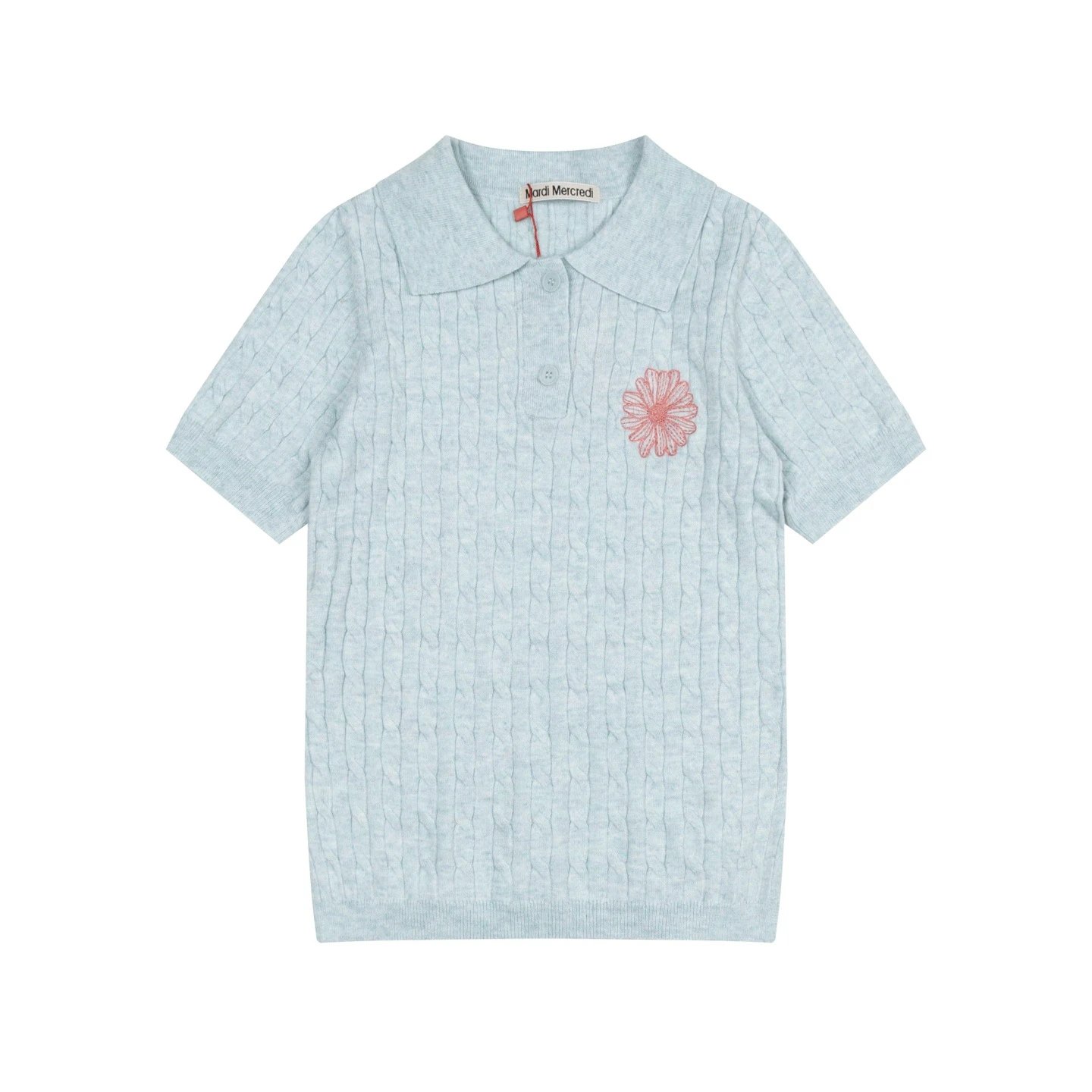 Mardi Mercredi Cable Knit Polo in Mint with Embroidered Daisy Polo Shirt - 12