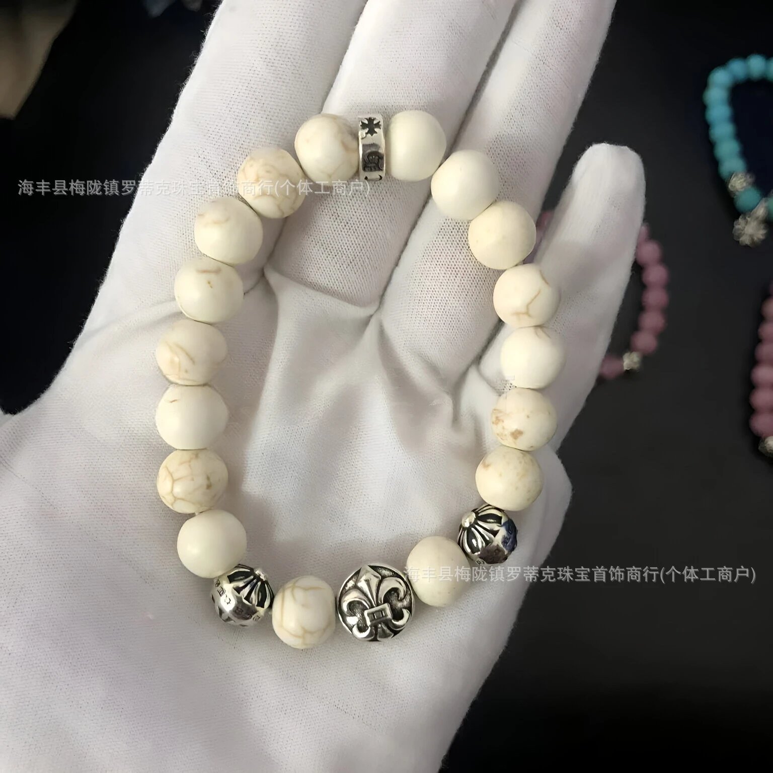 Design Handcrafted Pink Cat's Eye Stone Bracelet with Silver Floral Beads Bracelets Jewelry - 4