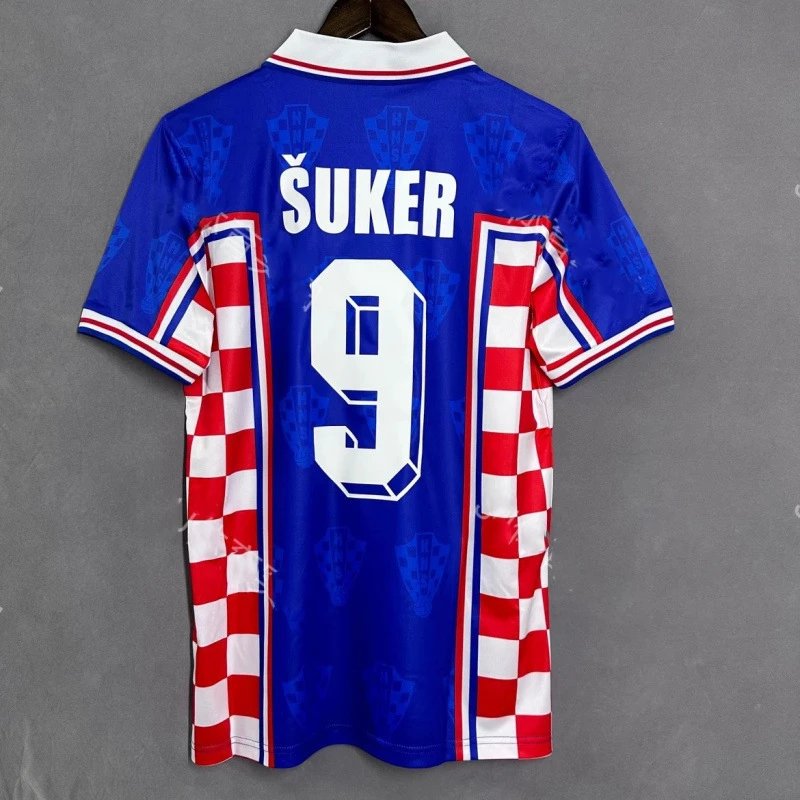 Design Croatia National Team 1998 World Cup Home Jersey Šuker #9 Blue Red Checkered Jersey - 29