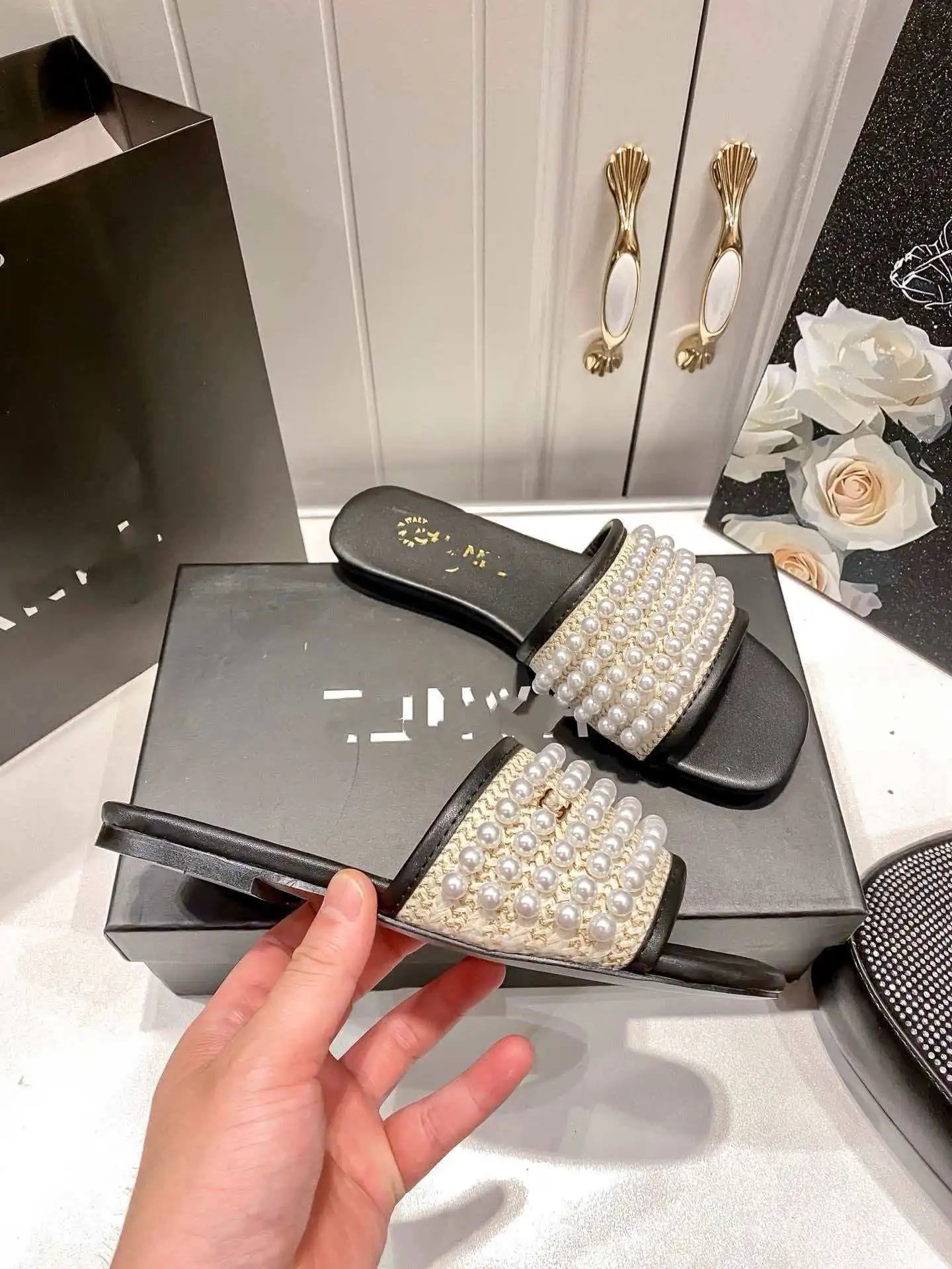 Chanel Pearl-Embellished Raffia Slide Sandals Beige Slippers - 2