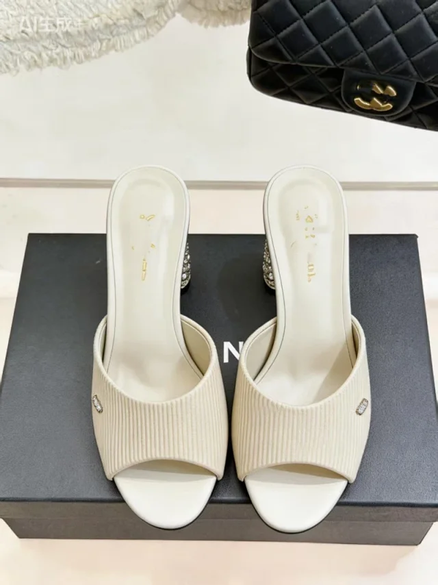 Unbranded High Heels Ribbed Open-Toe Rhinestone Heel Mules product detail image 4