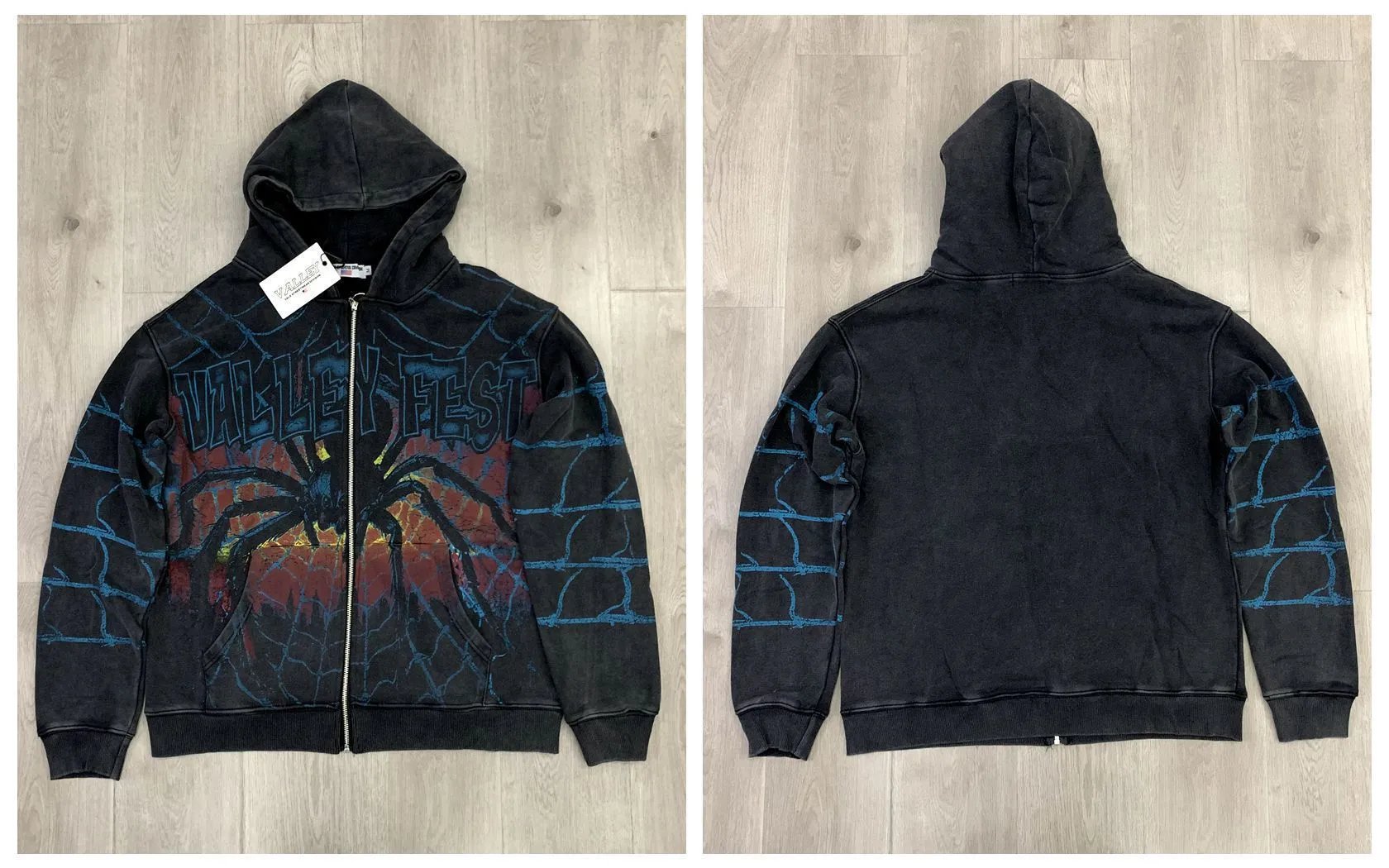 Design Valley Fest Spider Web Graphic Zip-Up Hoodie Black Hoodie - 1