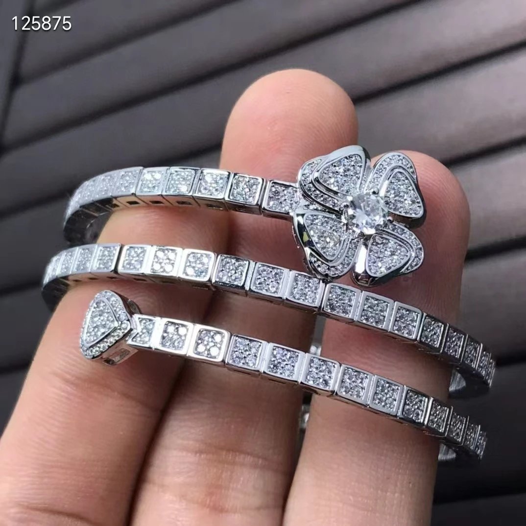 Design Floral Diamond-Encrusted Bangle Set Silver Jewelry - 6