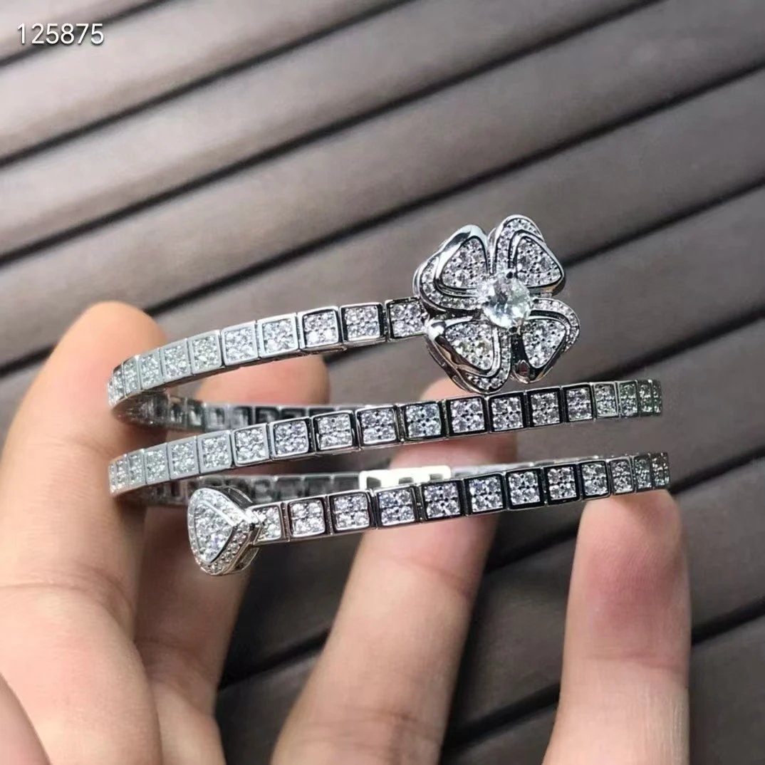 Design Floral Diamond-Encrusted Bangle Set Silver Jewelry - 7