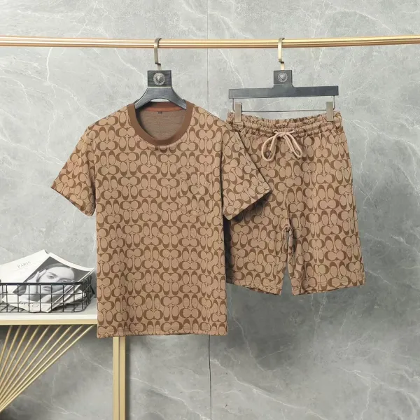 Coach Signature Print Beige Brown T-Shirt and Shorts Set - 1
