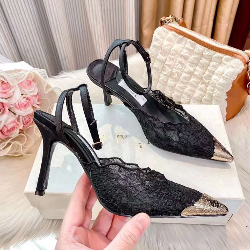 Lace Slingback Stiletto Heels Black with Gold Toe Cap Heels