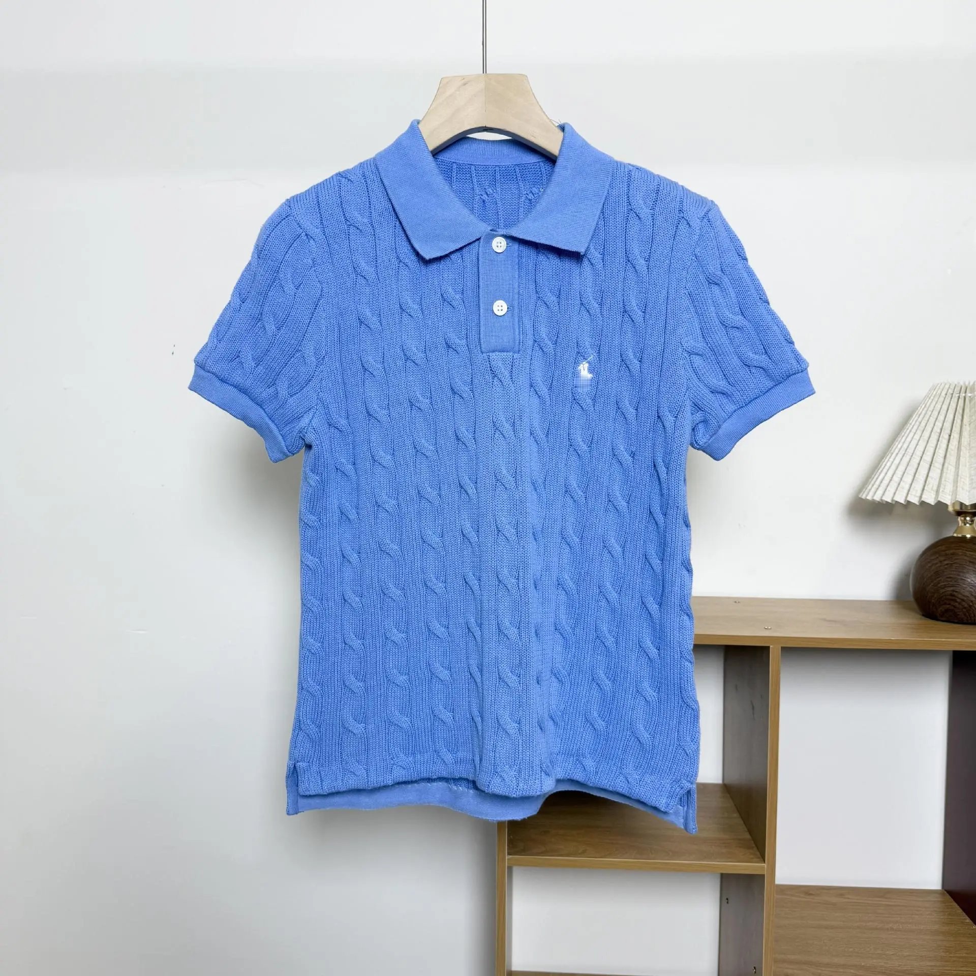 Design Cable Knit Polo Shirt in Sky Blue Tops Polo - 12