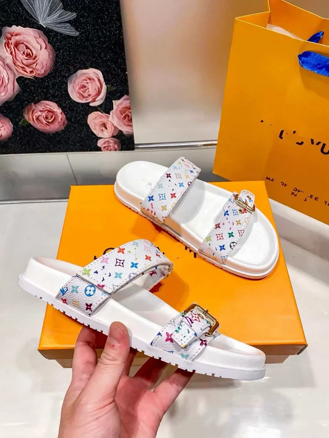 Louis Vuitton Sandals Two-Strap Multicolor Monogram Buckle Slides product detail image 3