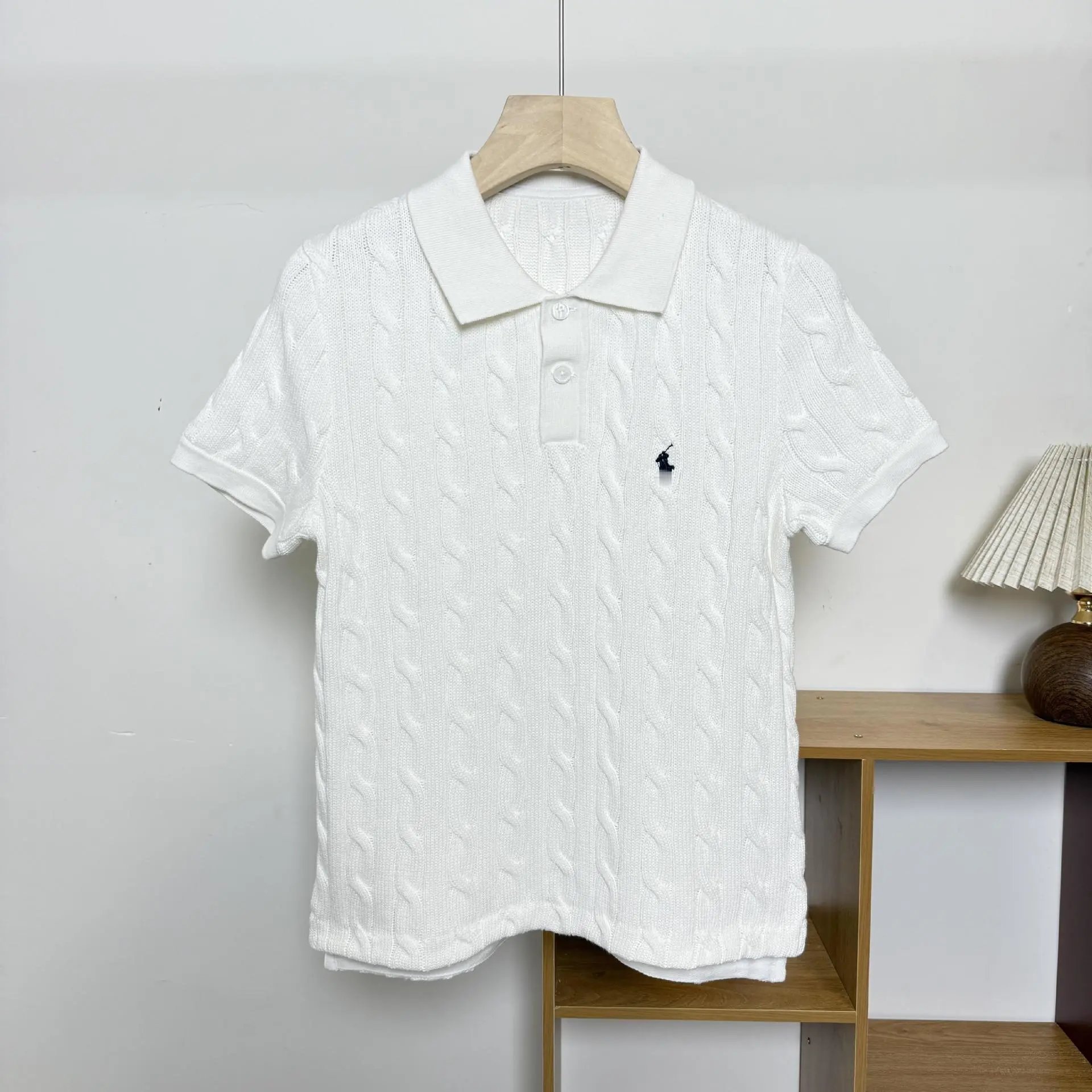 Design Cable Knit Polo Shirt in Sky Blue Tops Polo - 10