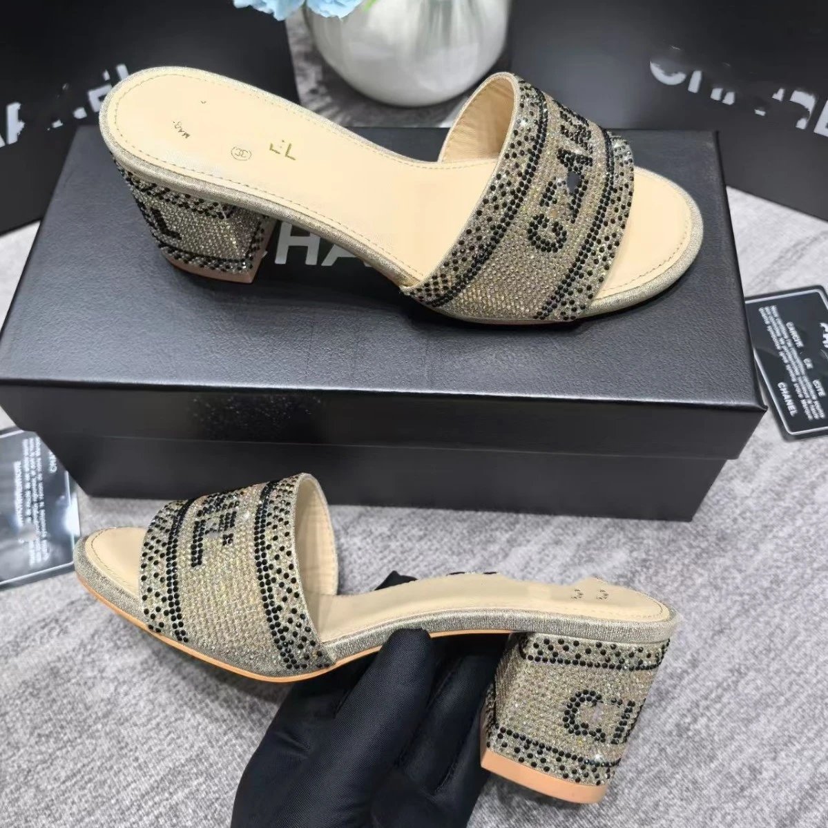 Chanel Crystal-Embellished Logo Mule Black Sandals - 4