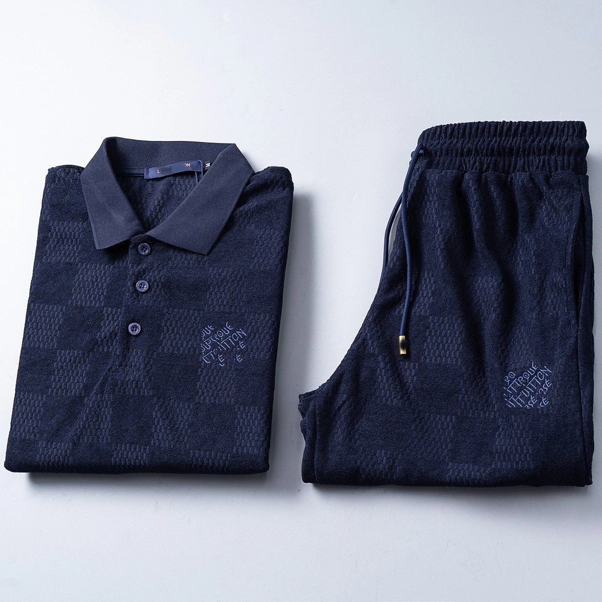 Design Patterned Polo Shirt and Shorts Set Navy Blue Casual Set - 5