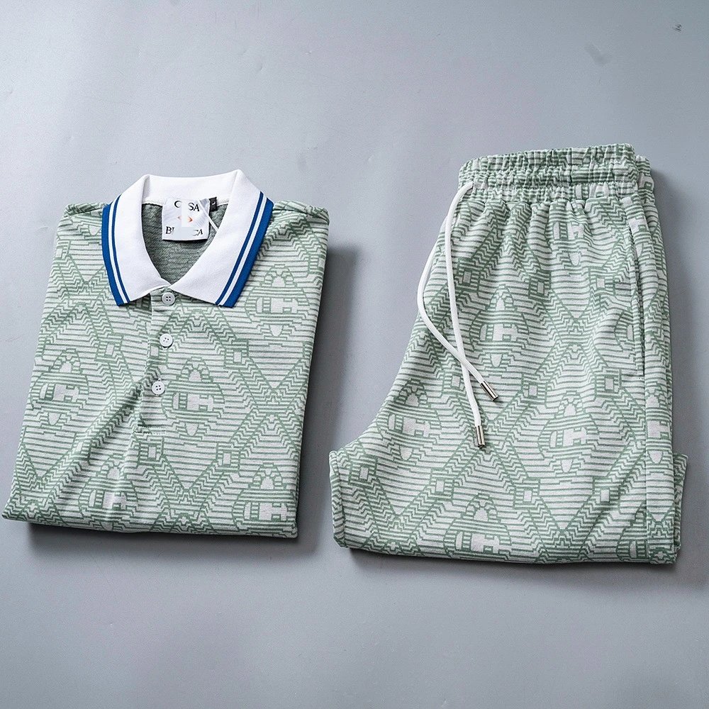Design Patterned Polo Shirt and Shorts Set Navy Blue Casual Set - 6
