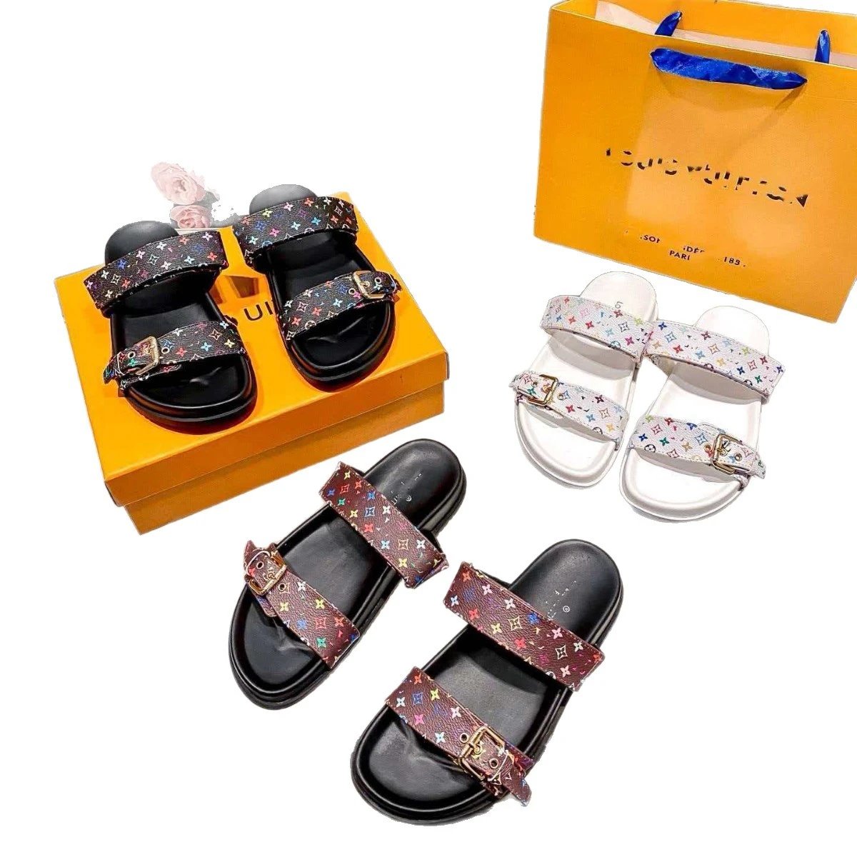 Louis Vuitton Sandals Two-Strap Multicolor Monogram Buckle Slides image 5