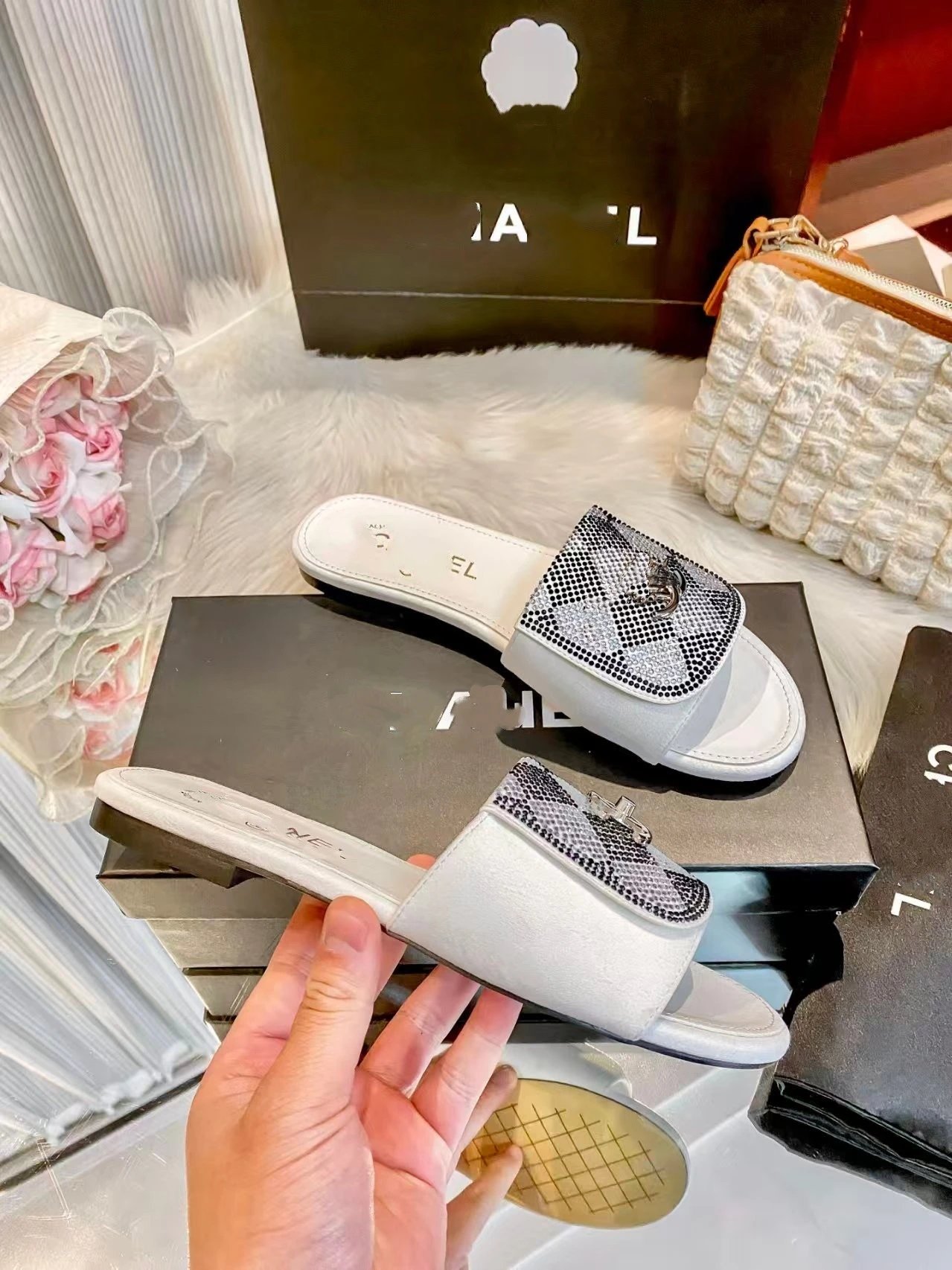 Chanel CC Logo Crystal-Embellished Snake Print Slide Sandals Beige Slippers - 4