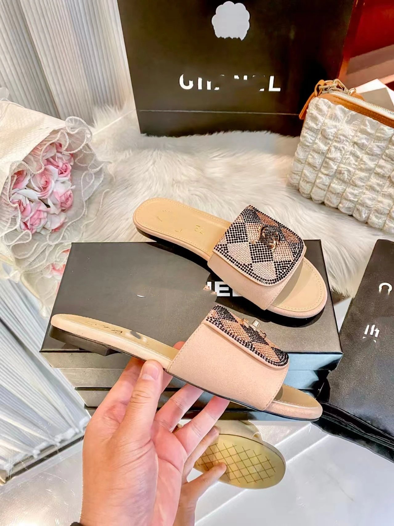 Chanel CC Logo Crystal-Embellished Snake Print Slide Sandals Beige Slippers - 5