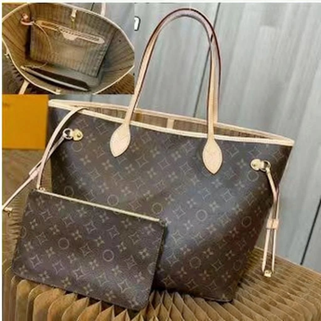 Design Checkered Pattern Tote Bag with Matching Clutch in Brown and Pink - 3