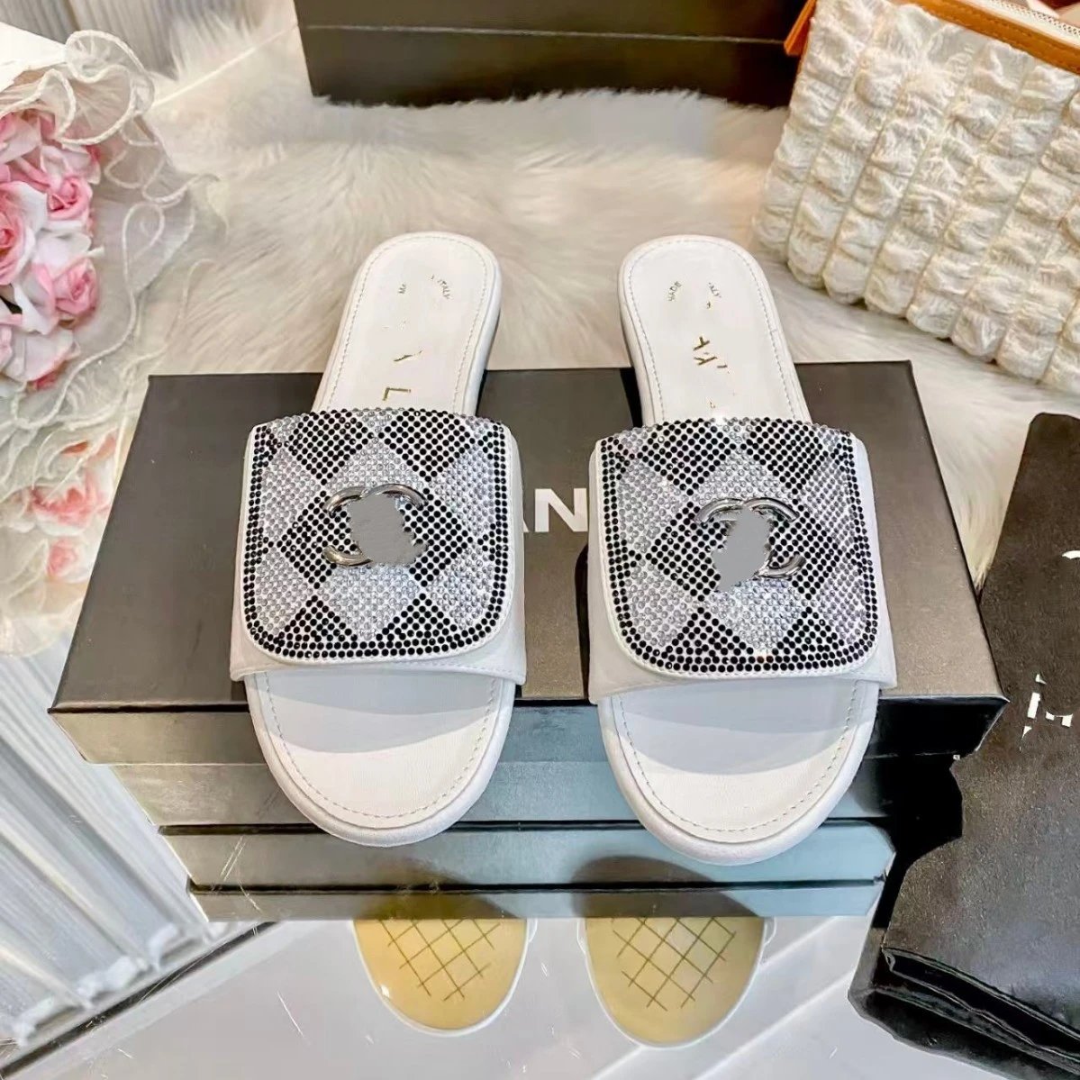 Chanel Slippers Rhinestone Plaid Double-C Logo Slide image 3