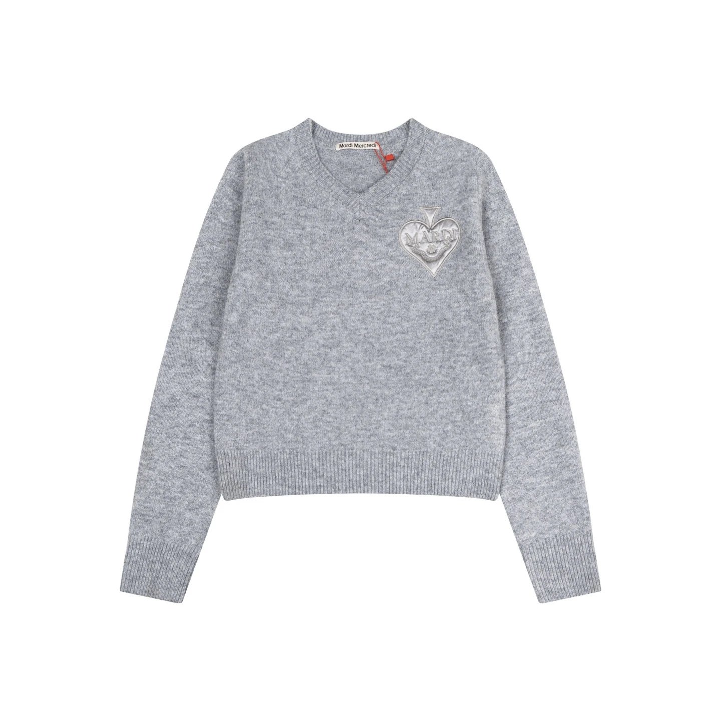 Mardi Mercredi Heart Embroidered V-Neck Sweater Gray - 14
